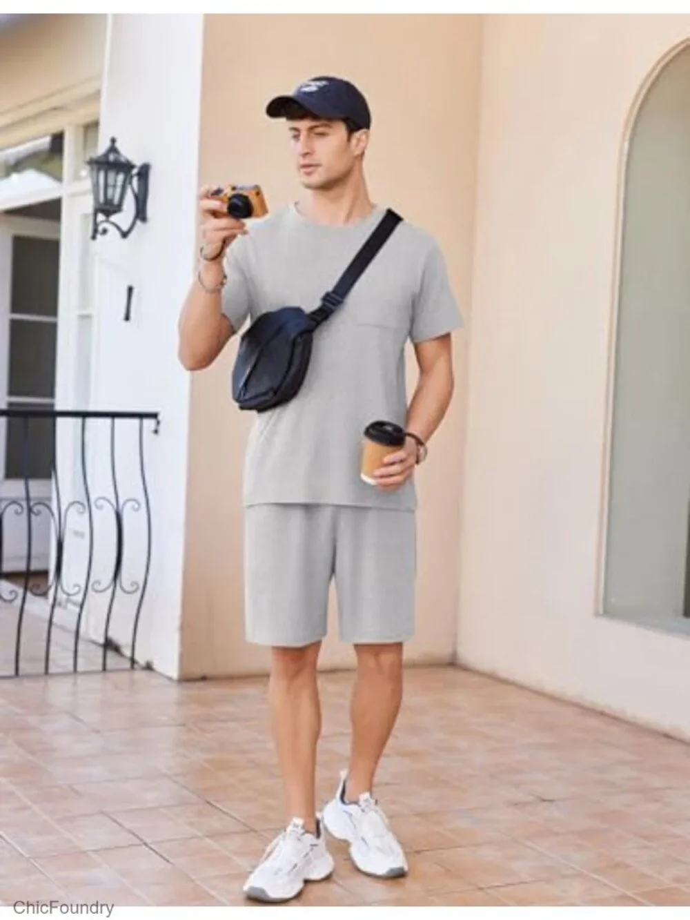 Men's Cotton Short Sleeve Pajama Set 2 Piece Nightwear with Pockets